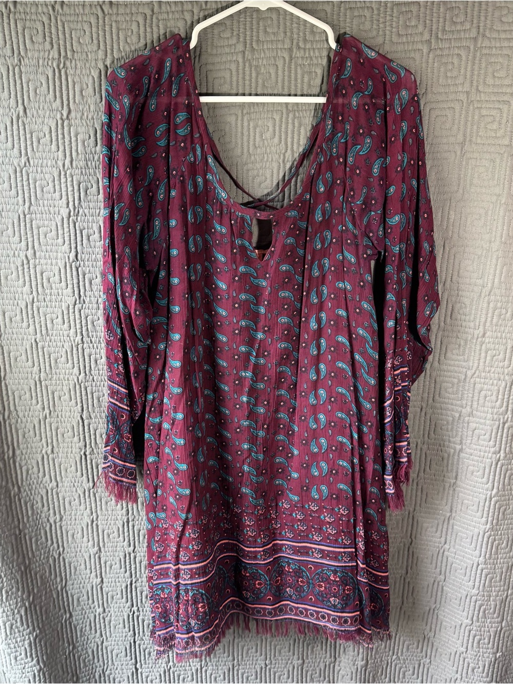 Chelsea and Violet CV Burgundy Paisley Boho Fringed Tunic Dress Rayon Large L